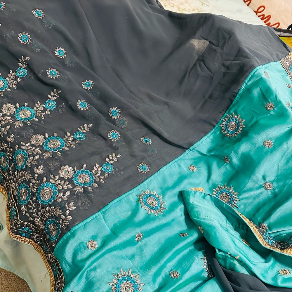 Elegant Teal and Gray Embroidered Fabric